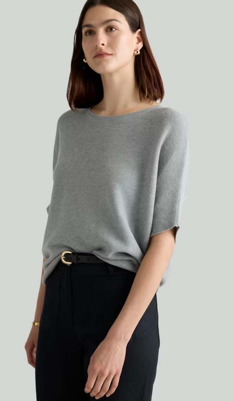 Quince Lightweight Cotton Cashmere Link-Stitch Dolman Sweater in Heather Grey Si